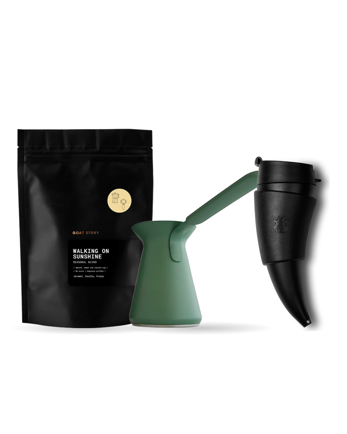 OTTO Sage, GOAT MUG Black with a bag of Walking on Sunshine