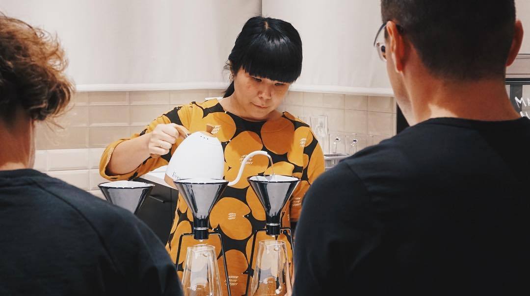 Emi Fukahori brewing coffee with GINA