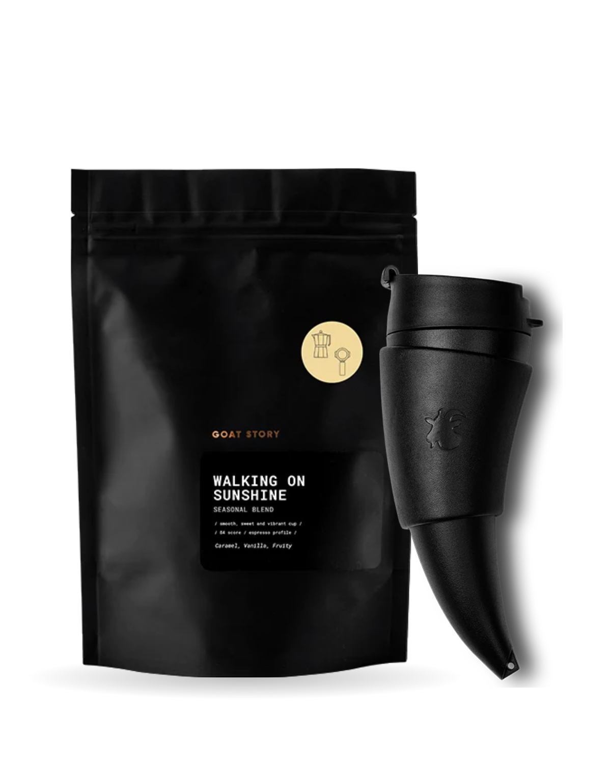 GOAT MUG Black with a bag of Walking on Sunshine seasonal blend