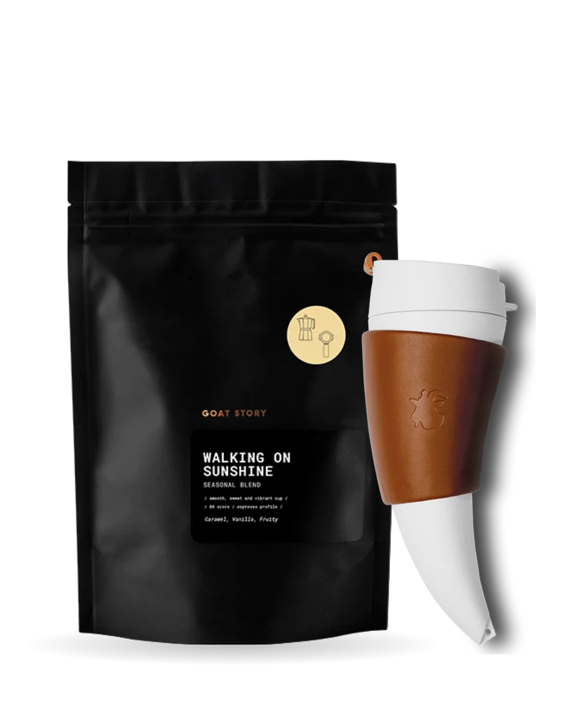 GOAT MUG Brown with a bag of Walking on Sunshine seasonal blend