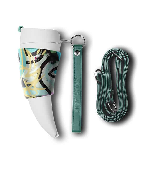 Inside the West Goat Story coffee mug box you will find two straps, holder, cover and a mug