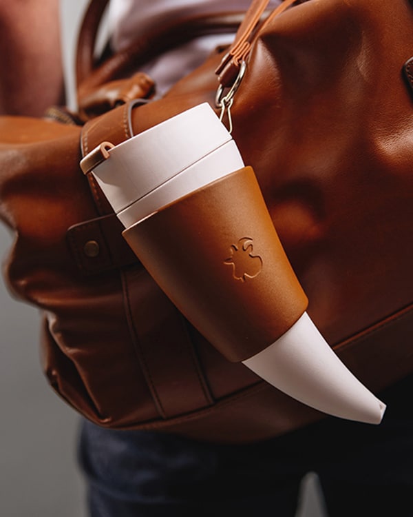 Coffee mug Brown real leather strapped on bag by GOAT STORY